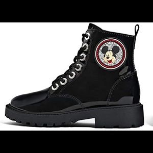 Zara X Disney Mickey Black faux patent leather lace up Combat Boots